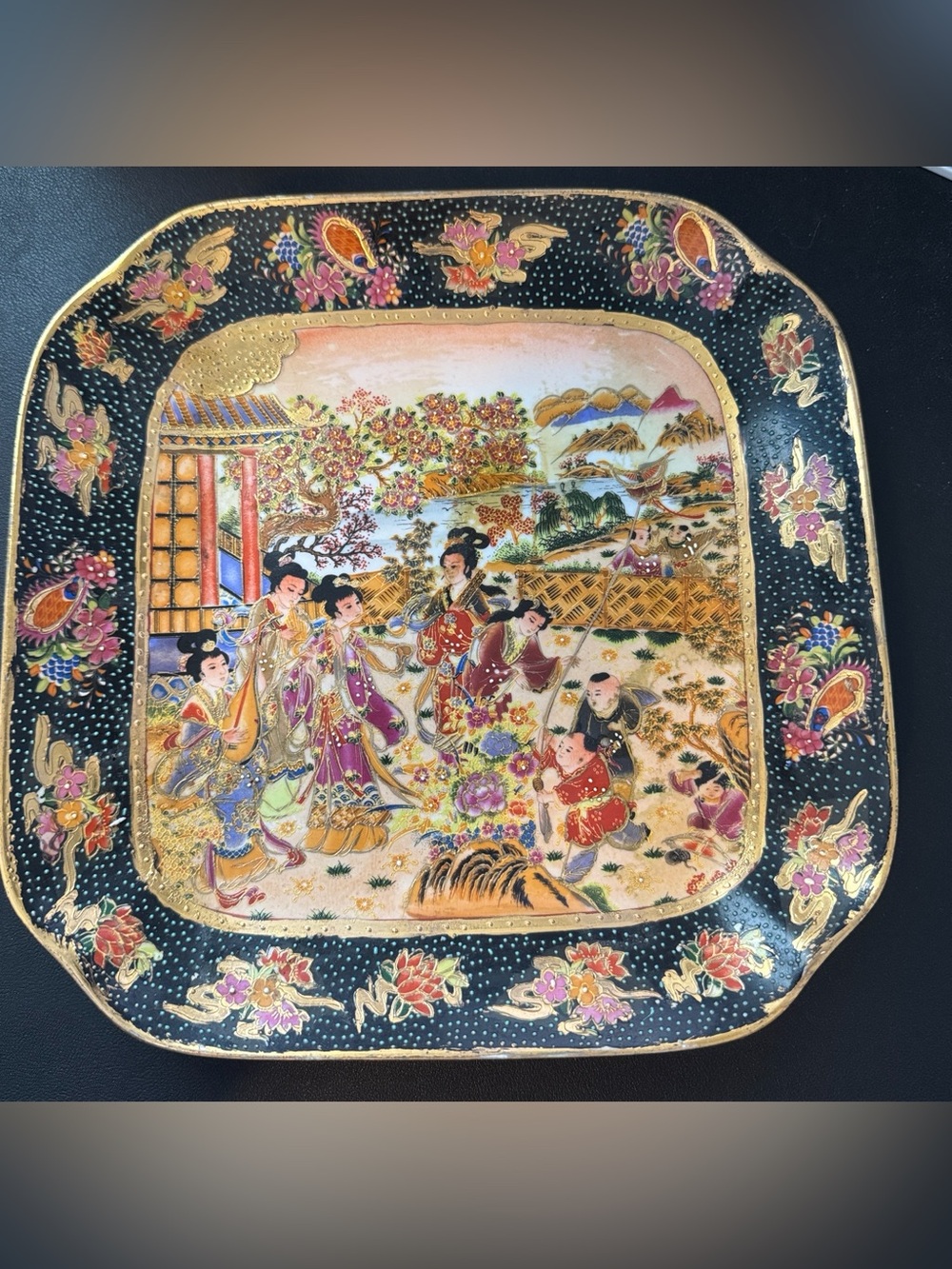 Vintage Royal Satsuma Square Porcelain Bowl Moriage Gold Gilt Dish